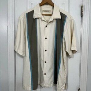 Island Republic 100% silk ivory vertical stripe detail button front shirt, large